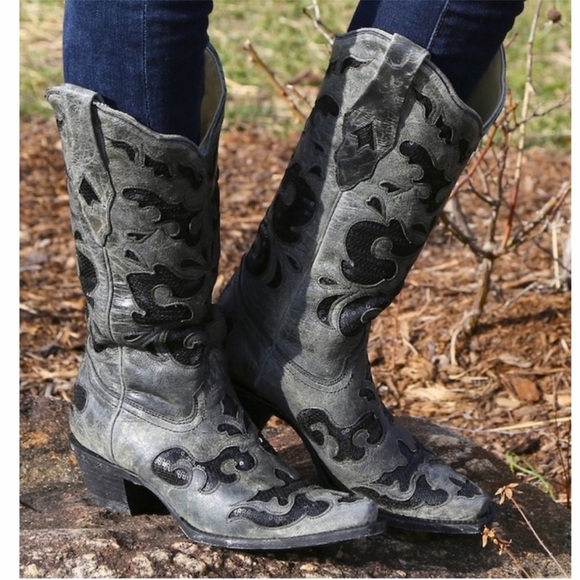 Corral Crater Sequin Inlay Cowboy Boots Snip Toe Western Black Gray 9.5 EUC - Picture 1 of 10